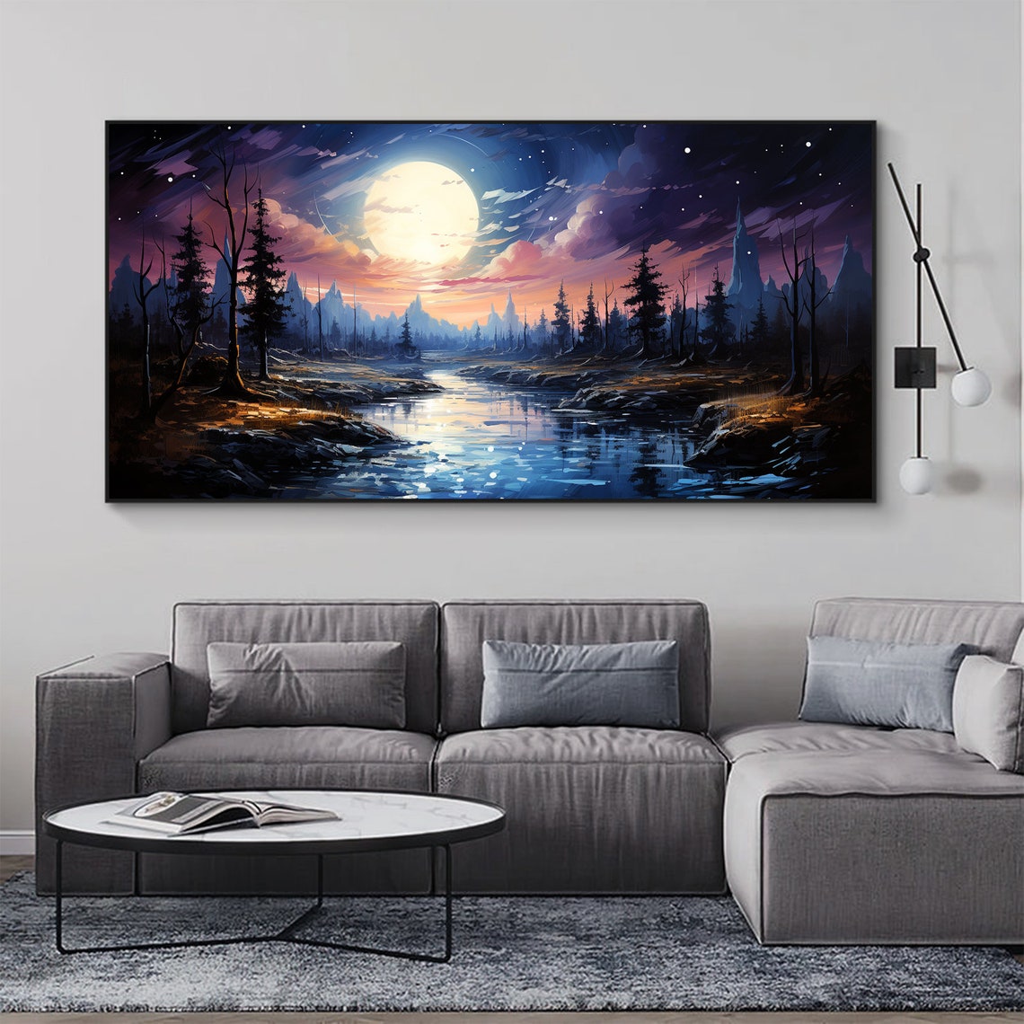 Full Moon Over a Pine Forest Lake Night Landscape Oil Painting Poster - Image 5