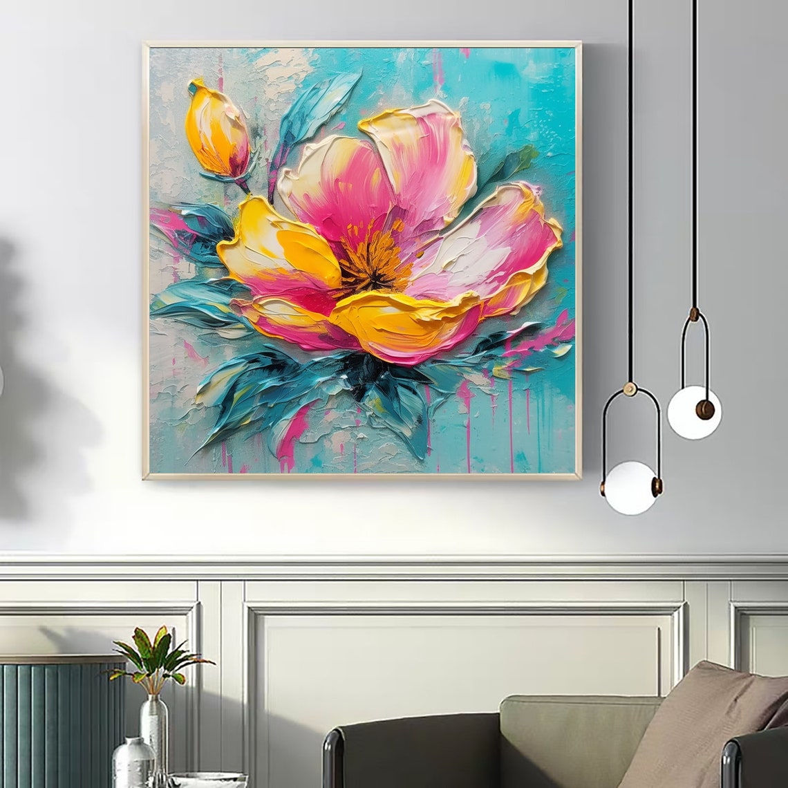 Vivid Pink Yellow Blossom Teal Leaves Bold Floral Art Poster - Image 8
