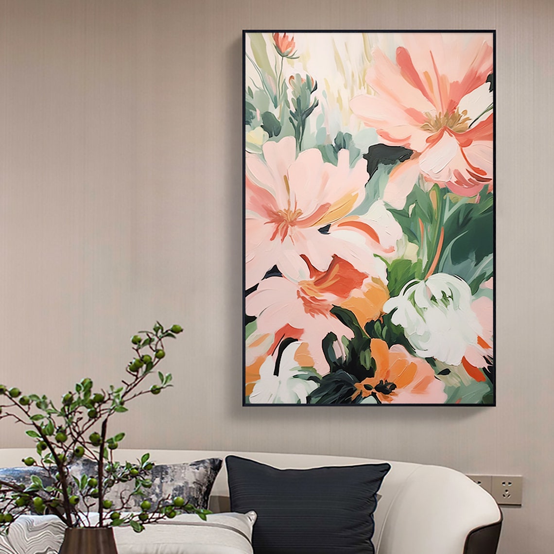 Soft Pink Blossoms Vertical Abstract Floral Oil Painting Poster - Image 7
