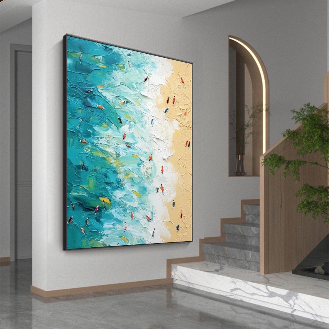 Aerial Turquoise Beach With Colorful Surfers Oil Painting Poster - Image 6