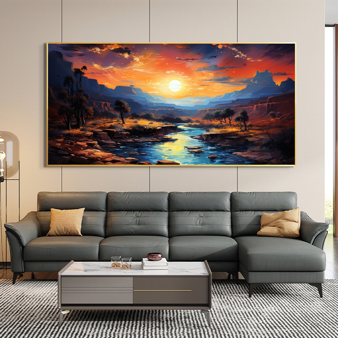Original River Landscape Oil Painting On Large Wall Art Abstract Sunset Mountain Painting Minimalist Art Custom Living Room Decor - Image 3