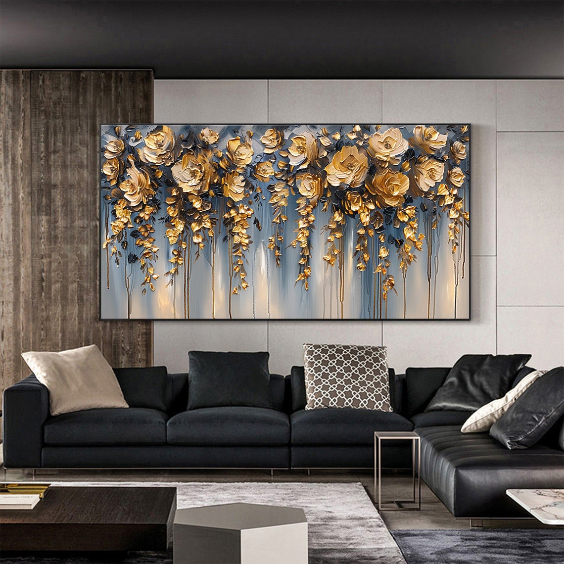 Golden Hanging Flowers Blue Gray Elegant Floral Canvas Poster - Image 3