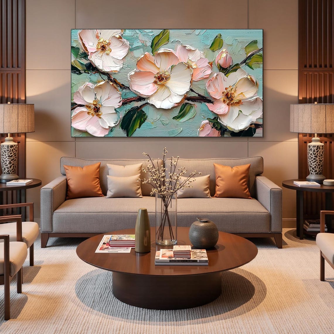 Pink Blossoms on Branches Over Teal Impasto Floral Oil Painting Poster - Image 3