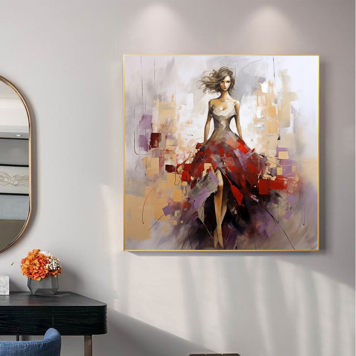Woman in Red Gown Flowing Abstract Fashion Portrait Art Poster - Image 4