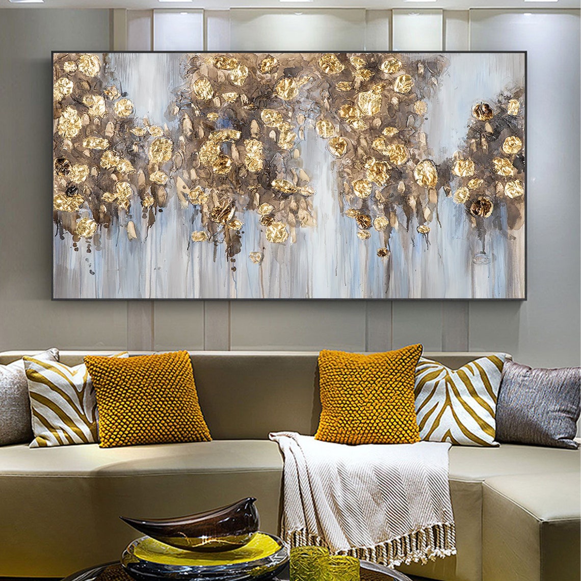 Gold Leaf Rain Abstract on Gray Textured Oil Painting Poster - Image 2
