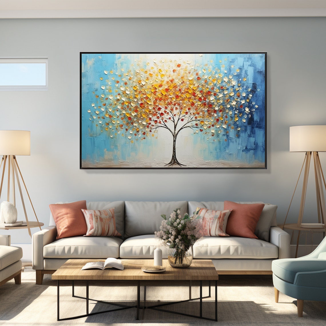 Tree of Life Golden Leaves Blue Sky Textured Canvas Art Poster - Image 8