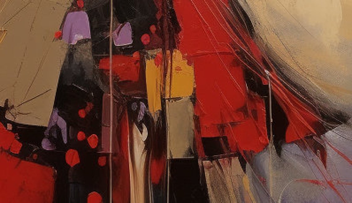 Elegant Woman Flowing Red Dress Abstract City Back View Poster - Image 6