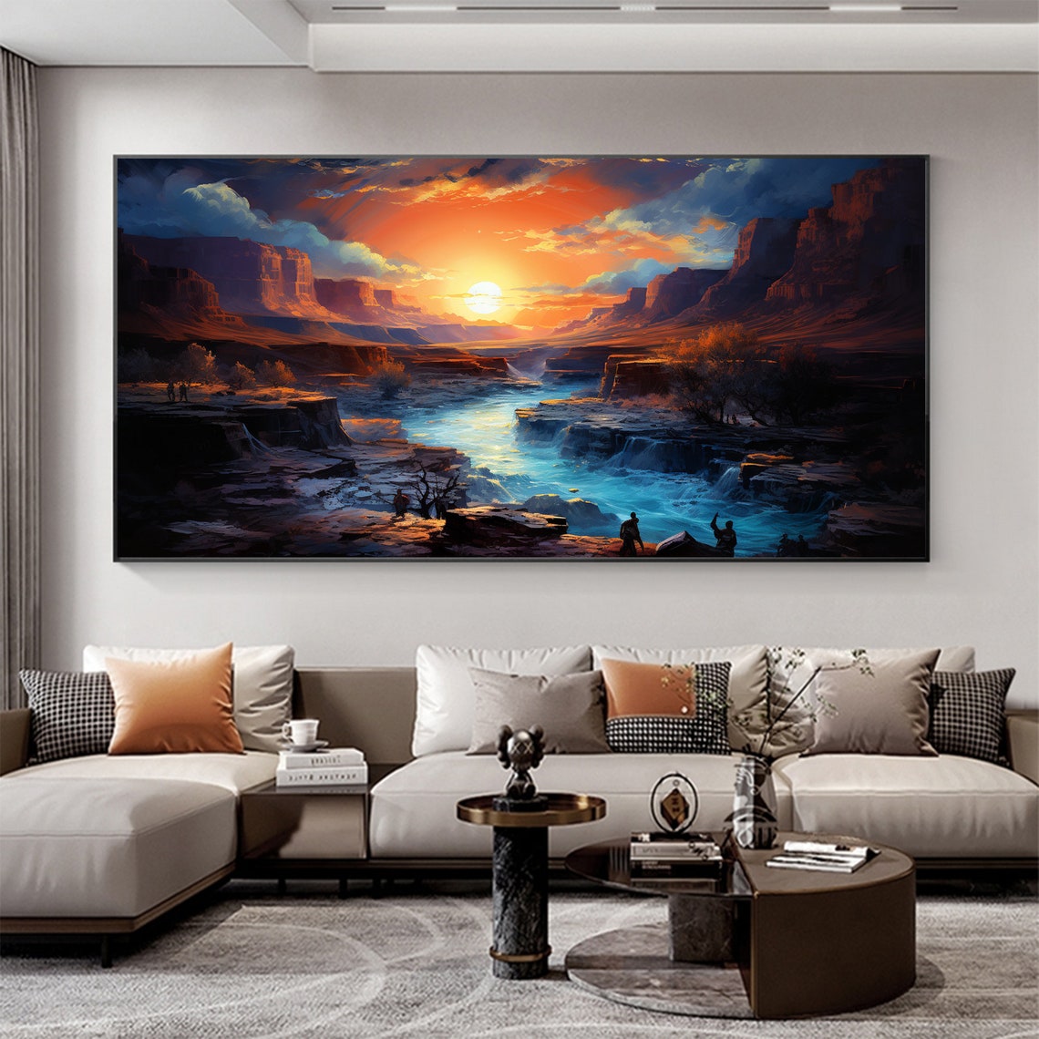 Canyon Sunset River Rapids Silhouette Figures Valley Art Poster - Image 2