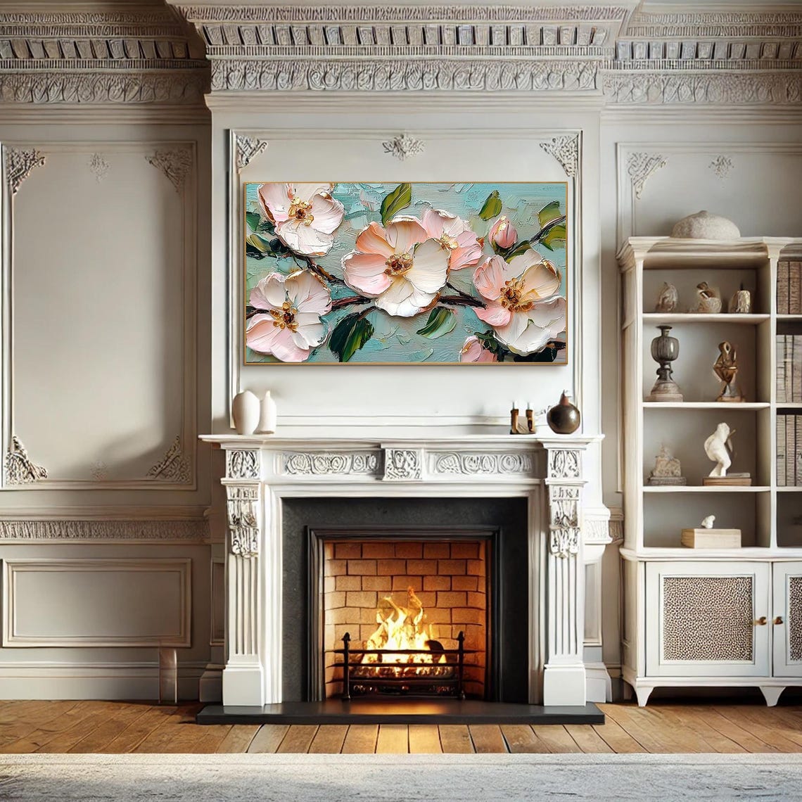 Pink Blossoms on Branches Over Teal Impasto Floral Oil Painting Poster - Image 2