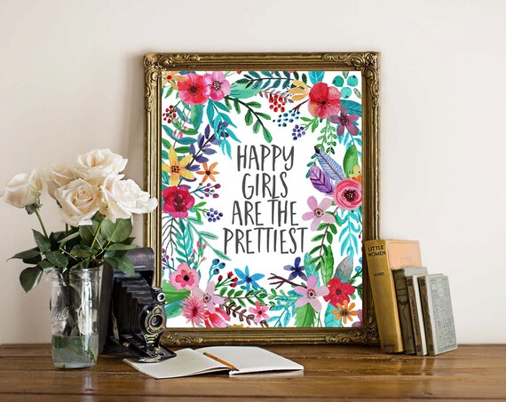 Wall Art Happy Girls Are The Prettiest Quote Home Decor Floral Nursery Teen