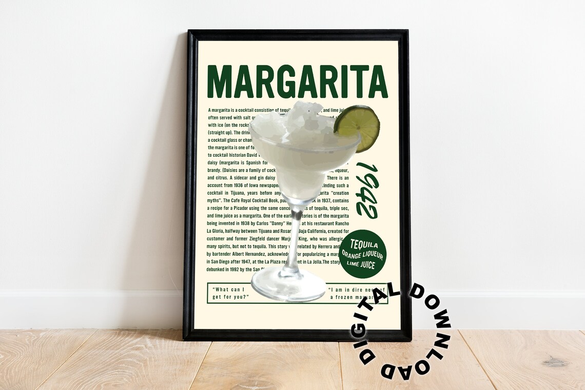 Margarita Cocktail Recipe Vintage Tequila Bar Cart Drink Poster 1942