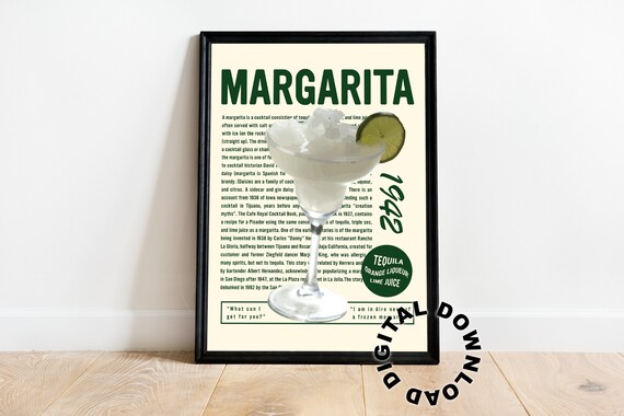 Margarita Cocktail Recipe Vintage Tequila Bar Cart Drink Poster 1942