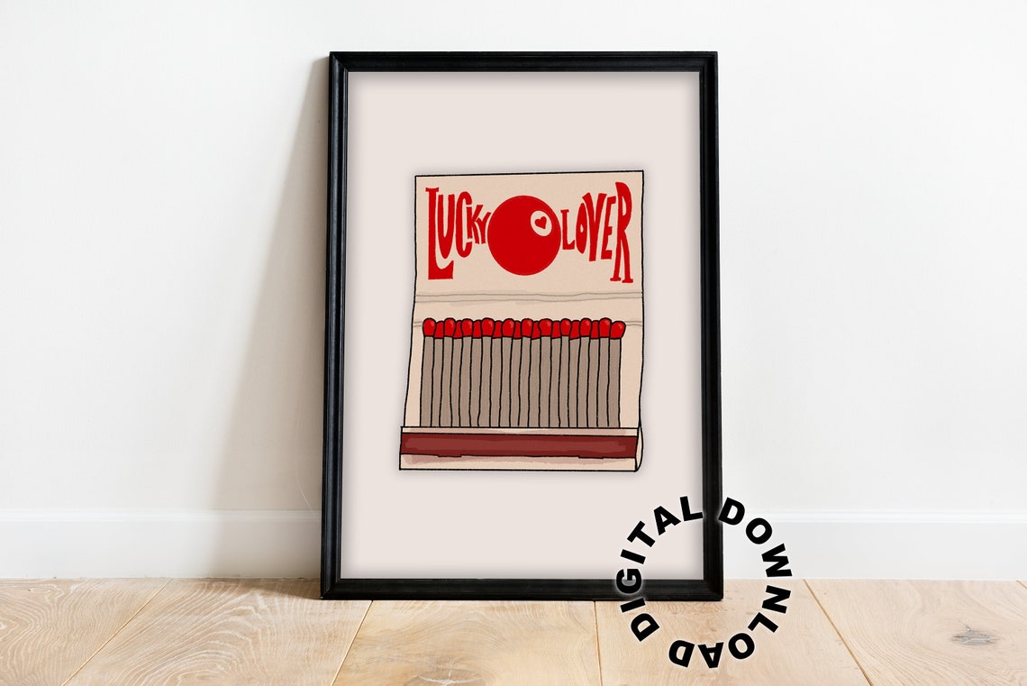 Lucky Lover Red Matchbook Vintage Retro Illustrated Art Poster