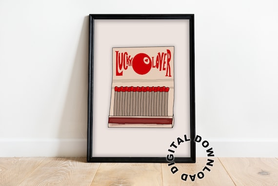 Lucky Lover Retro Wall Art Vintage Print Matchbook Illustration Trending Matches Red