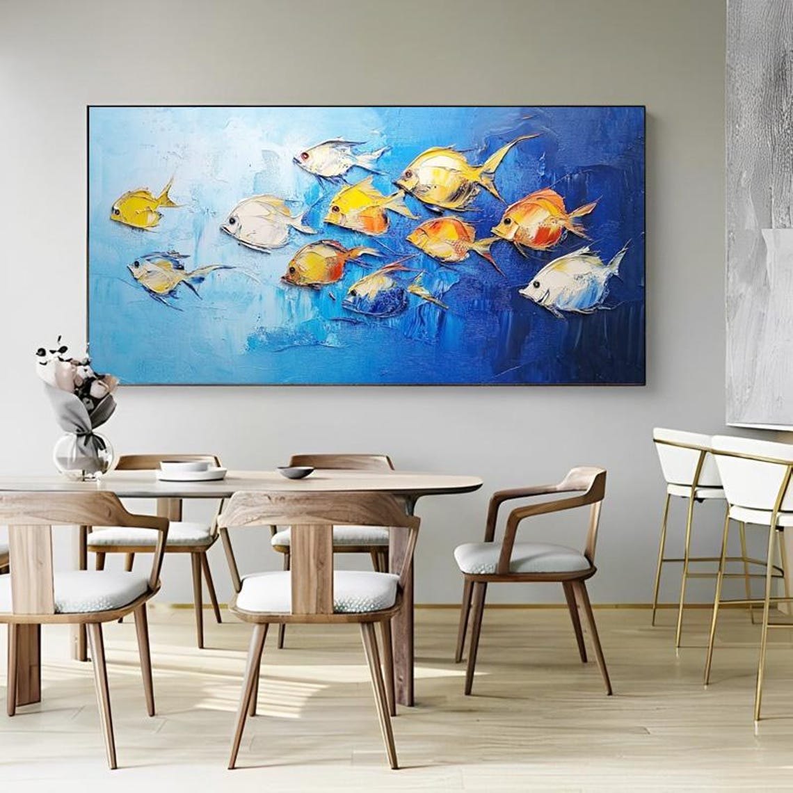 Lively School of Yellow and White Fish in Blue Ocean Art Poster - Image 3