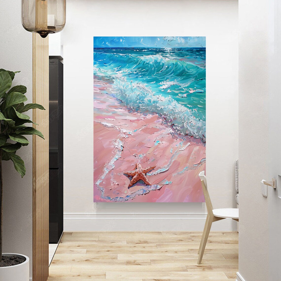 Turquoise Waves On Pink Sand Beach With Starfish Coastal Art Poster - Image 4