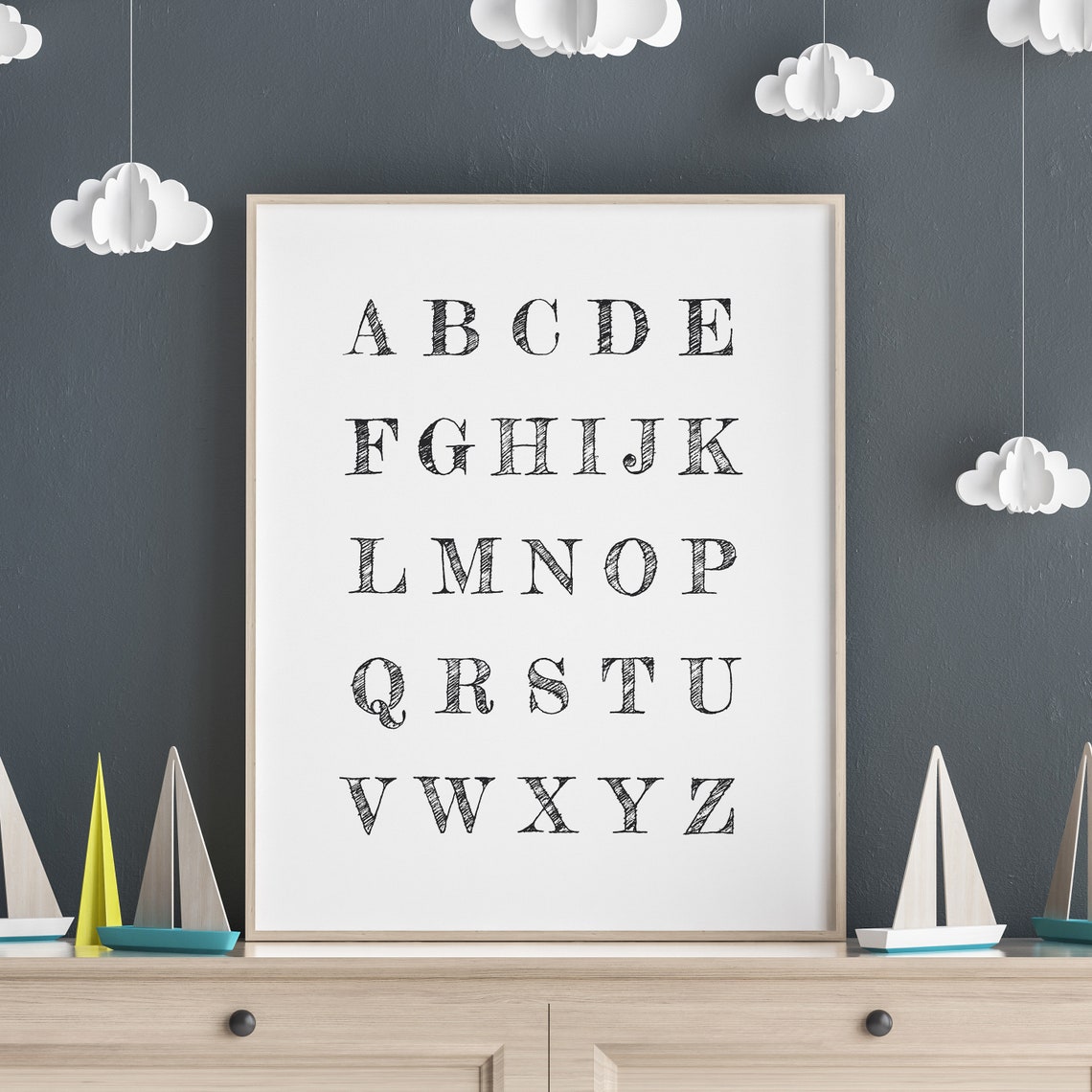 ABC Alphabet Chalk Sketch Letters White Nursery Kids Room Poster