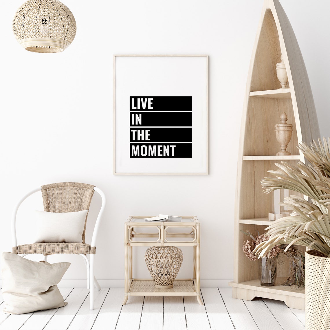 Live In The Moment Mindfulness Quote Black White Block Poster - Image 2