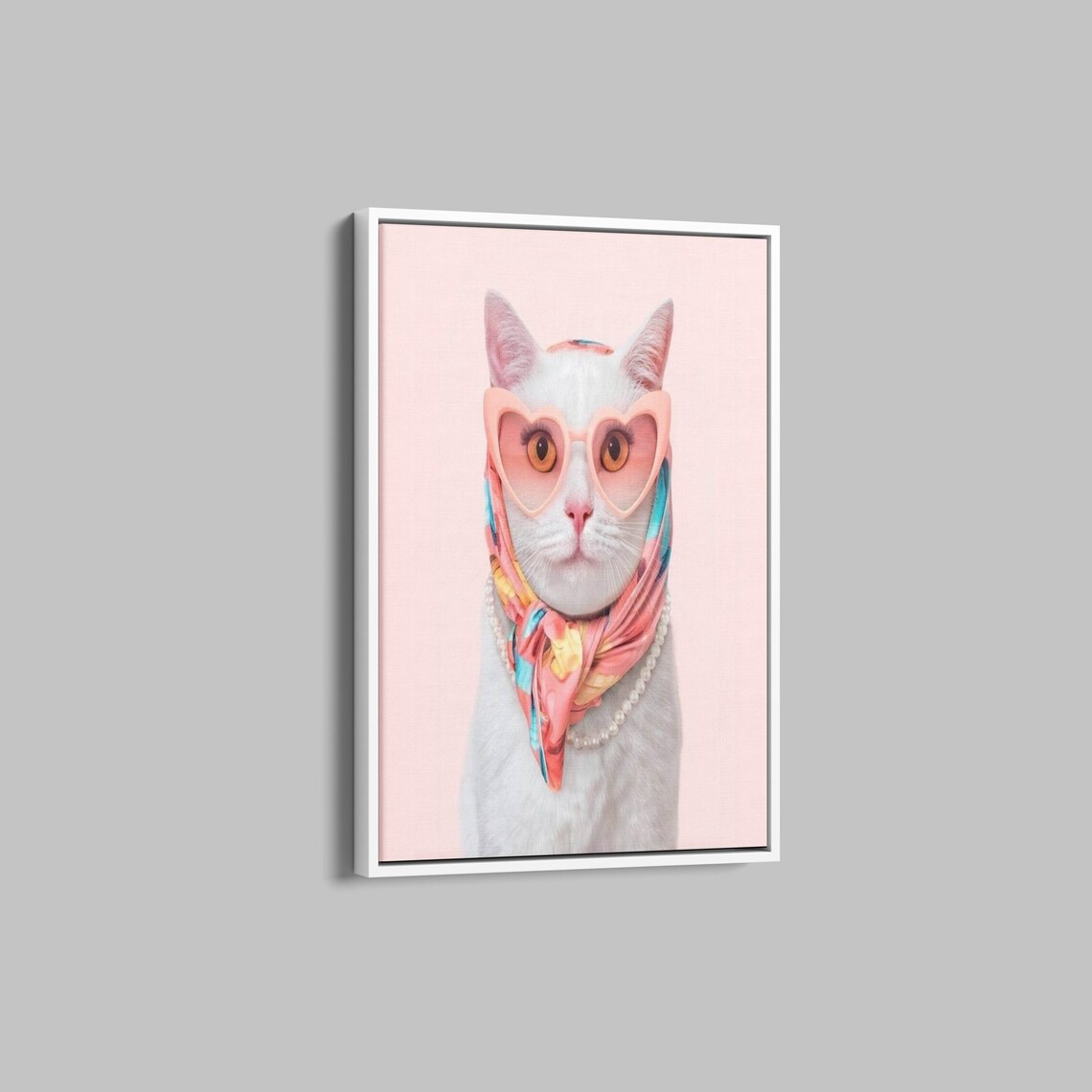 White Cat Pink Heart Sunglasses Scarf Funny Animal Art Poster - Image 3
