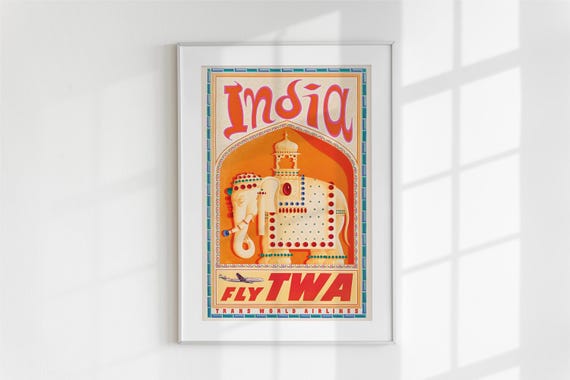 Fly To India Twa Travel Poster Elephant Gift For Her Vintage Wall Art Decor Colorful Retro Artwork