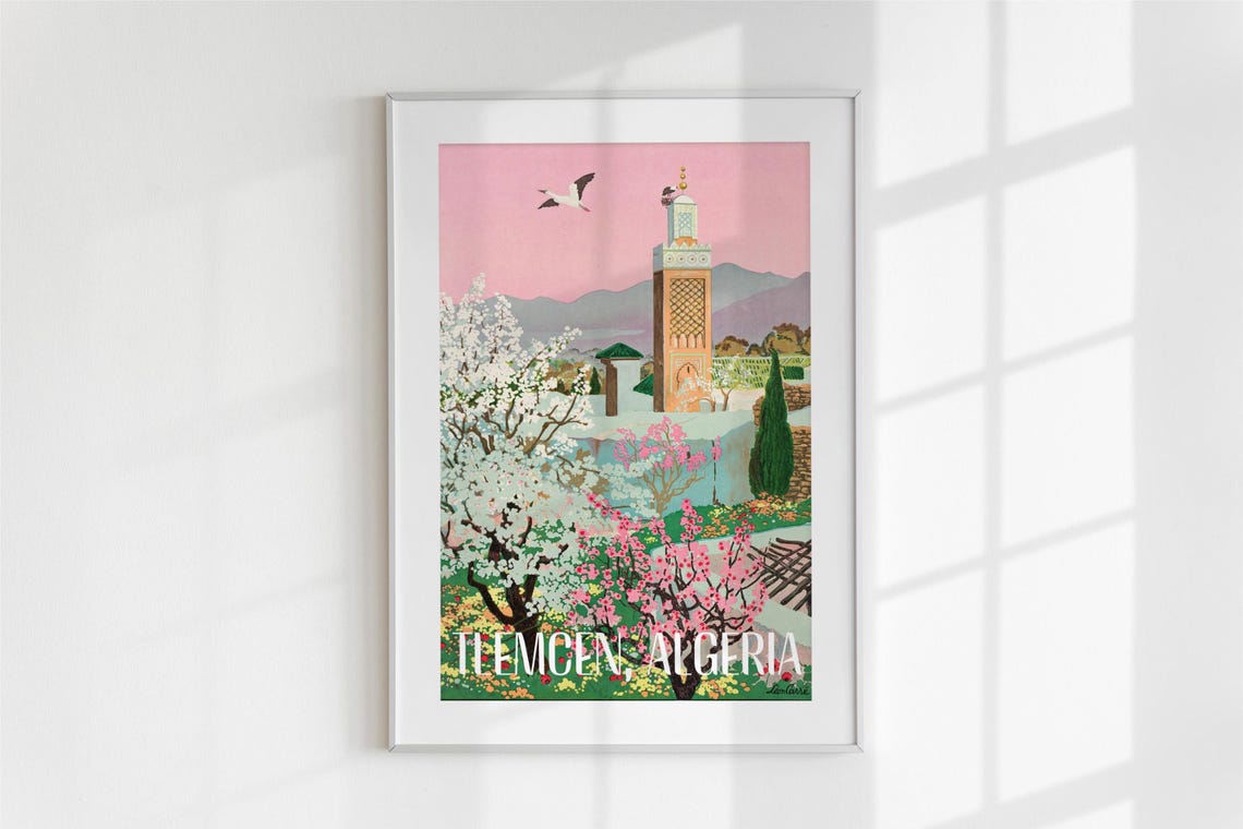 Tlemcen Algeria Vintage Travel Poster Minaret Blossom Spring Art
