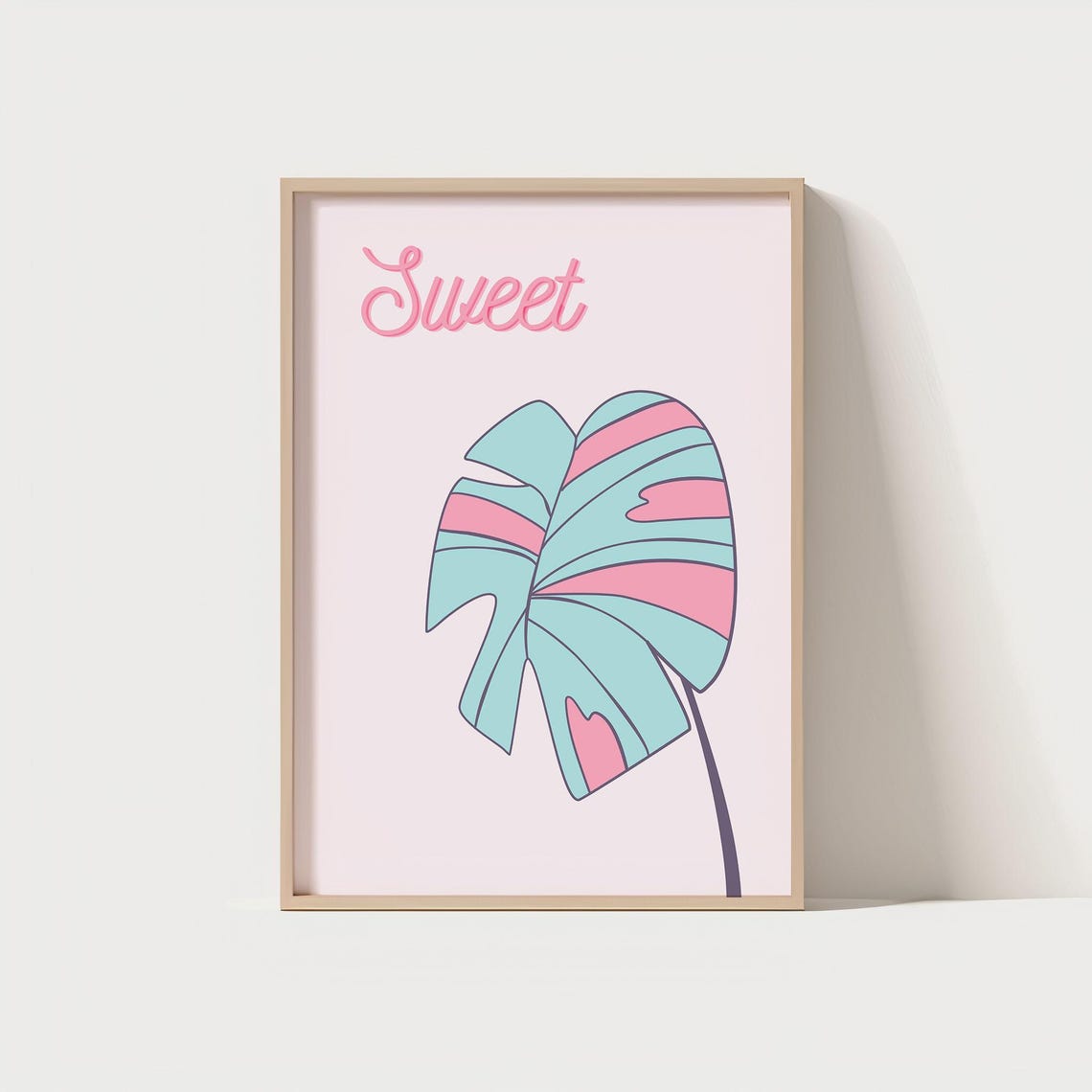 Sweet Pastel Tropical Leaf Wall Art Cute Poster Kawaii Palm Print Pink Blue Botanical Decor Room