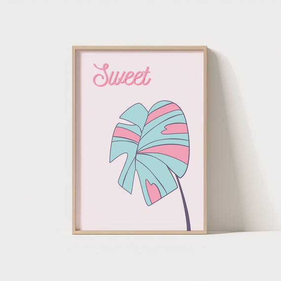 Sweet Pastel Tropical Leaf Wall Art Cute Poster Kawaii Palm Print Pink Blue Botanical Decor Room