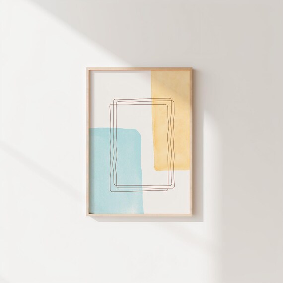 Minimalist Abstract Wall Art Beige Blue Yellow Poster Modern Line Mid Century Boho Decor Room