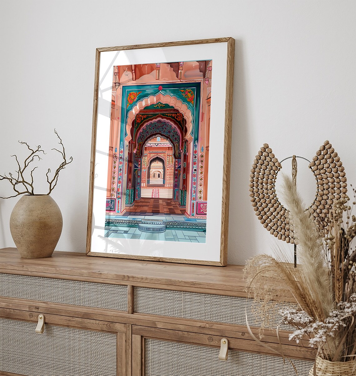 Pink Teal Jaipur Palace Archway Corridor Ornamental Art Poster - Image 3