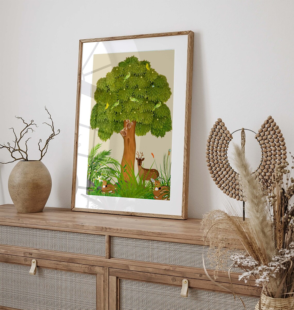 Indian Folk Art Tree of Life Painting Deer Parrots Botanical Wall Art - Image 2