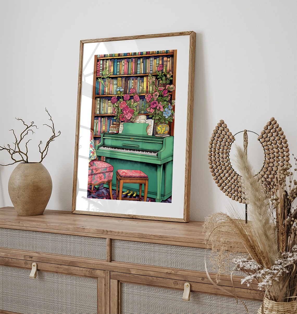 Vintage Green Piano Bookshelf Flowers Music Room Decor Poster - Image 2