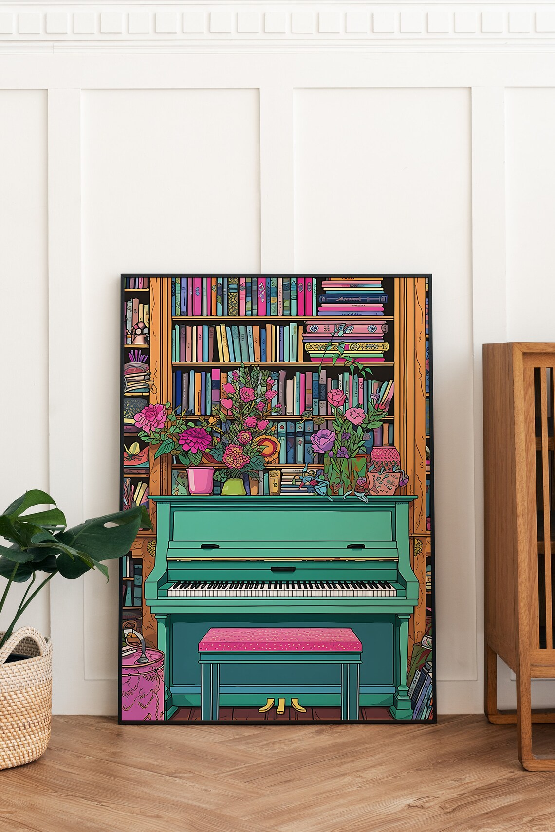 Teal Upright Piano Before A Colorful Library Bookshelf Floral Music Poster - Image 2