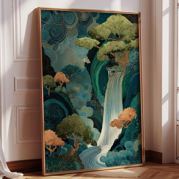 Framed Canvas Large Wall Art Prints Hokusai Ukiyoe Japanese Waterfall Vertical Living Room Decor