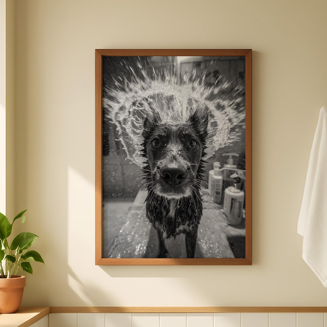 Funny Dog in Shower, Bathroom Art Print