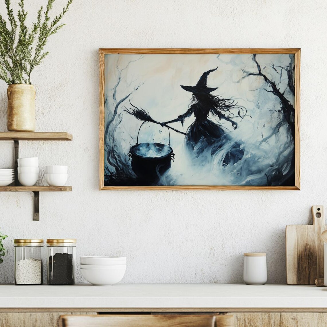 Witch Stirring Cauldron in Misty Forest Gothic Spell Art Poster - Image 5