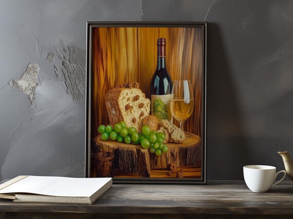 Wine Bottle With Green Grapes Rustic Bread And White Wine Glass Poster