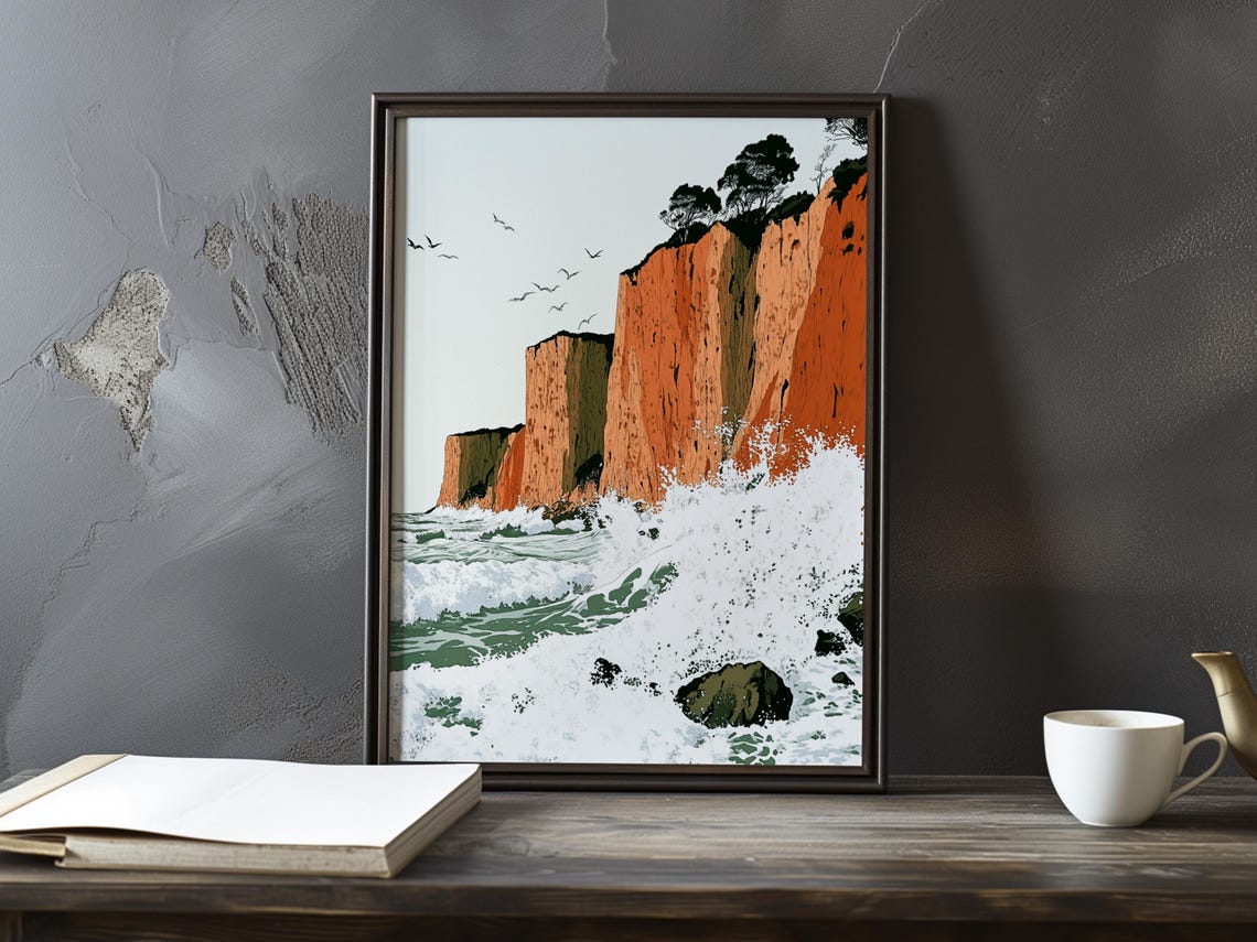Seagulls Soaring Over Red Sea Cliffs Impressionist Coast Poster