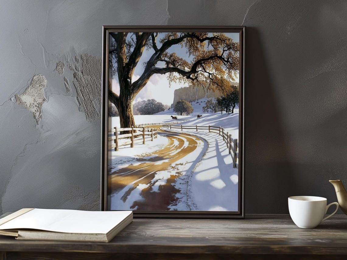 Golden Snowy Road With Wooden Fence Under A Great Oak Tree Poster