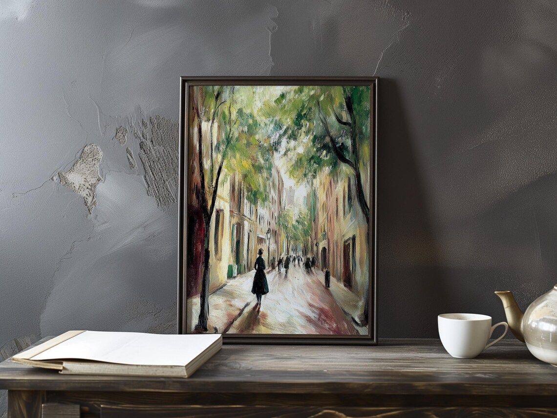 Busy Sunlit Street With a Woman in Black Impressionist Poster
