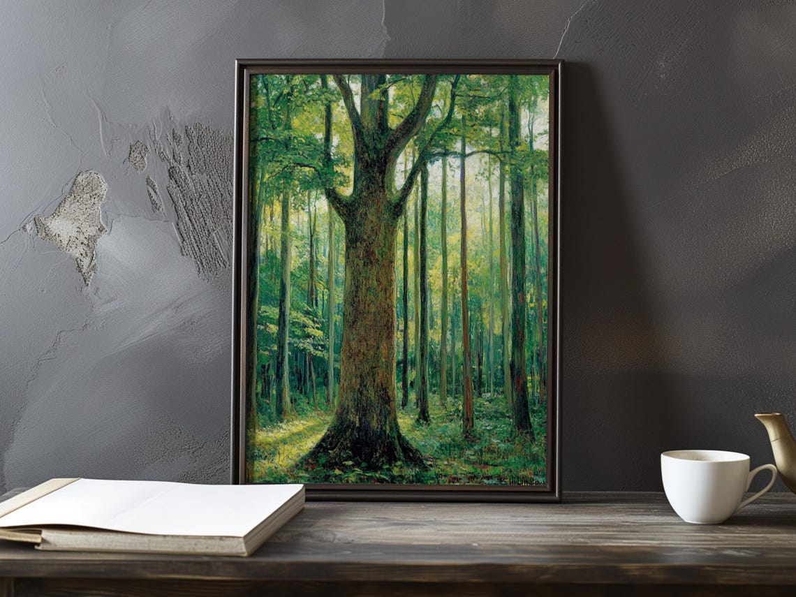 Mighty Oak Tree Standing in a Sunlit Green Forest Impressionist Poster
