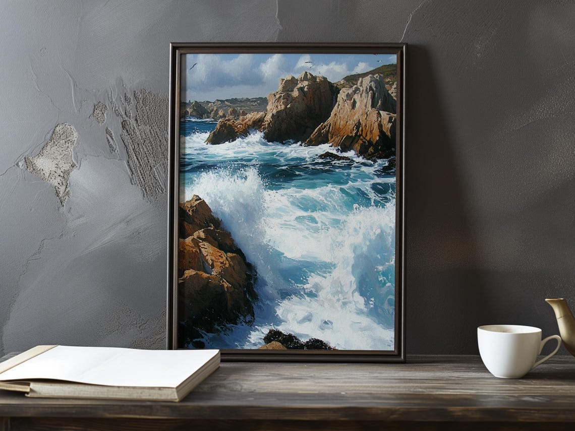 Turquoise Surf Breaking on Golden Rocky Cliffs Coastal Seascape Poster