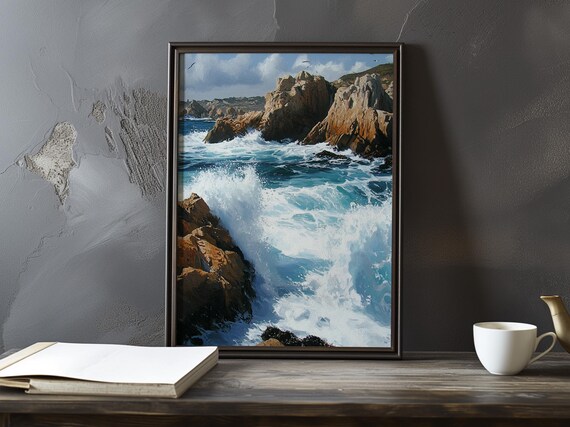 Turquoise Surf Breaking on Golden Rocky Cliffs Coastal Seascape Poster