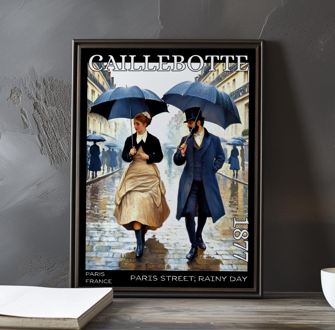 Caillebotte Blue Umbrella Couple on Rainy Paris Street Poster