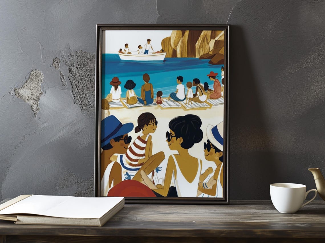 Retro Crowded Beach Scene With Sunbathers By Turquoise Sea Poster