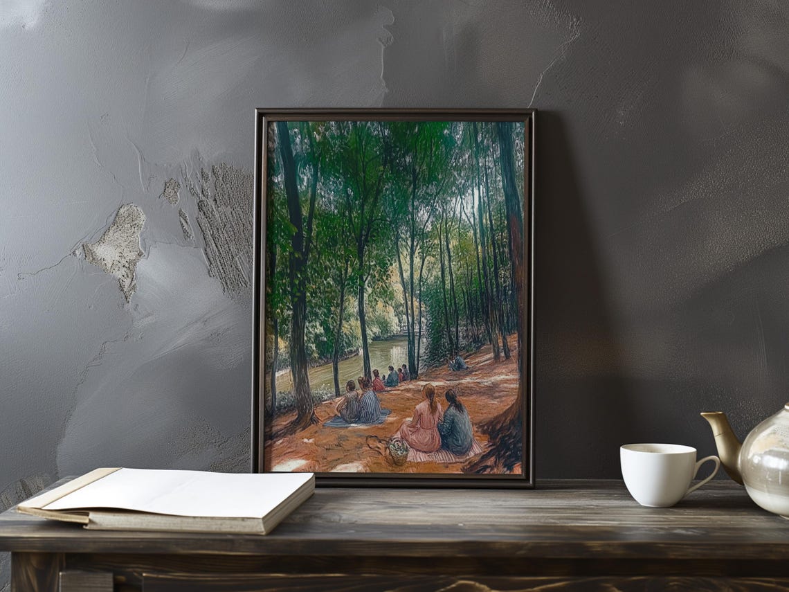 Riverside Gathering Under Tall Trees Impressionist Forest Art Poster