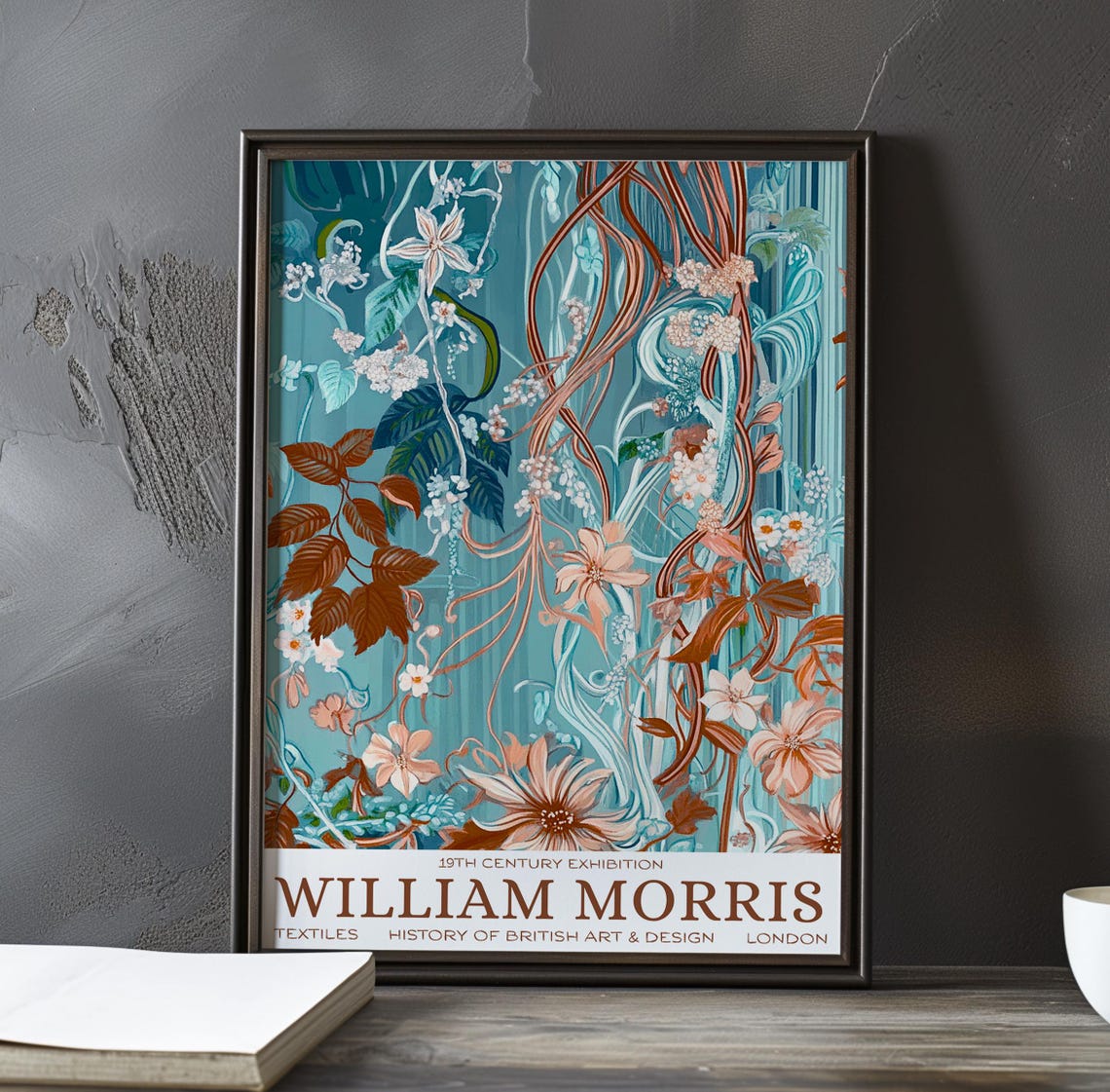 William Morris Wavy Copper Vines with Peach Blooms on Teal Poster