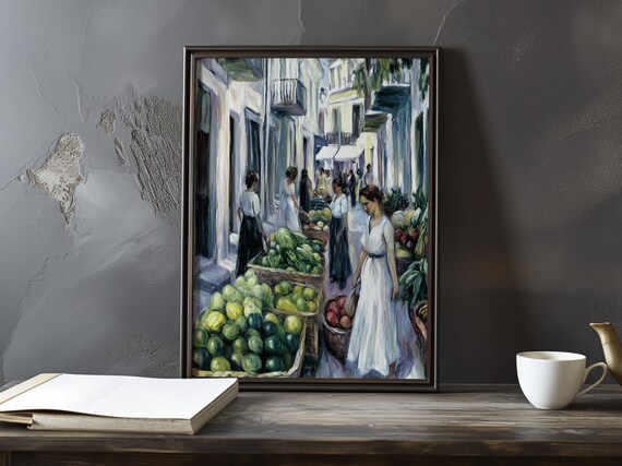 Women Browsing Produce Baskets In A Market Street Scene Poster