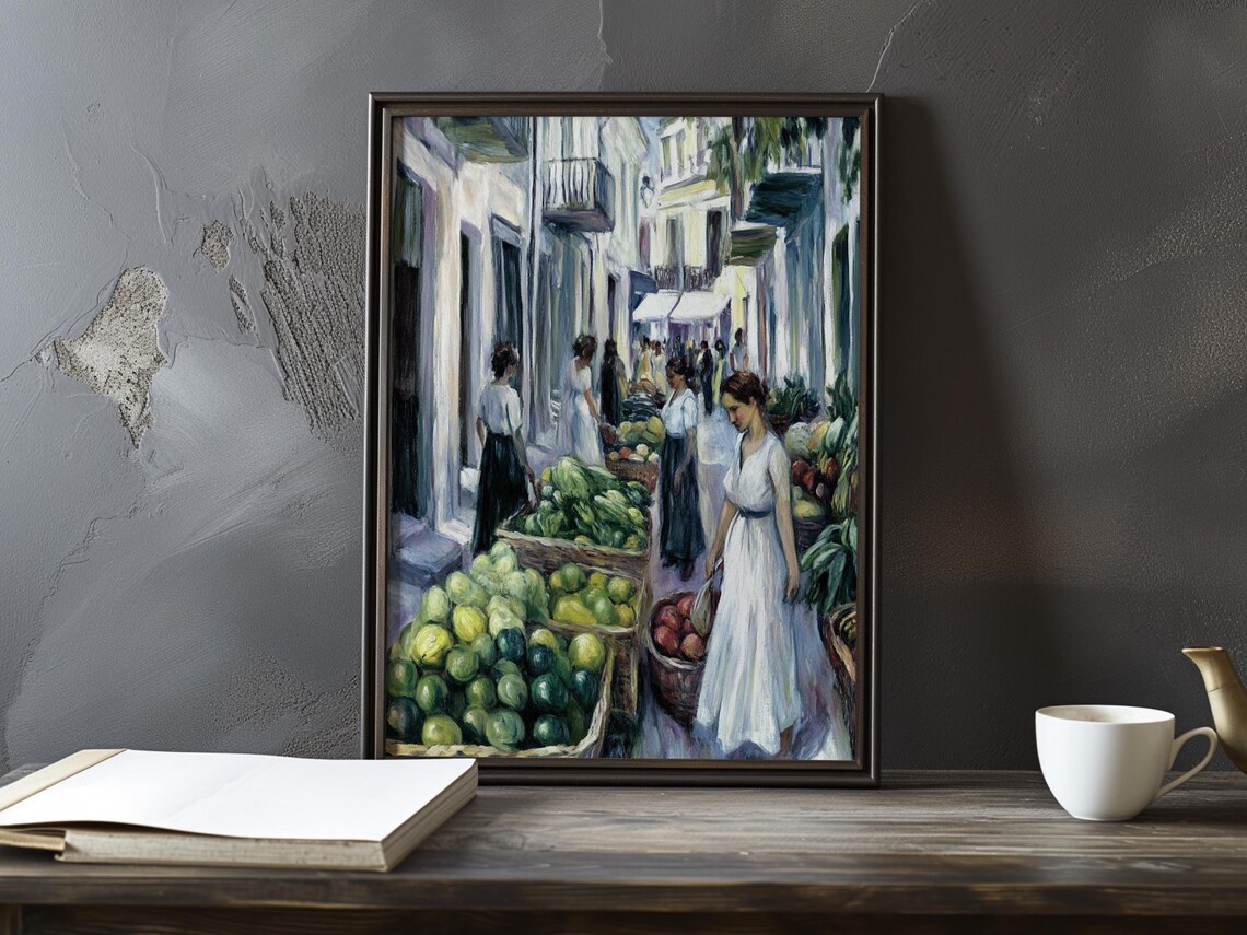 Women Browsing Produce Baskets In A Market Street Scene Poster