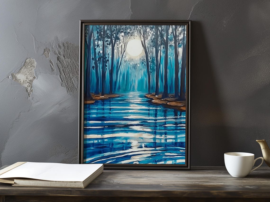 Moonlit Blue Forest Corridor Reflected In Still Calm Water Poster