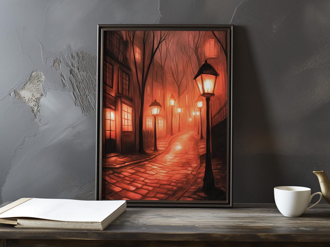Fiery Red Night Street Row of Glowing Lamps Impressionist City Poster